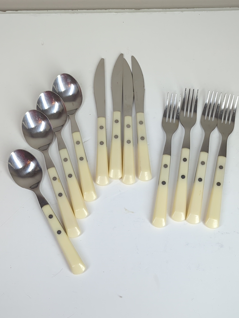Vintage 16pc Ivory Riveted Stainless Flatware Set Service for 4 MCM Retro